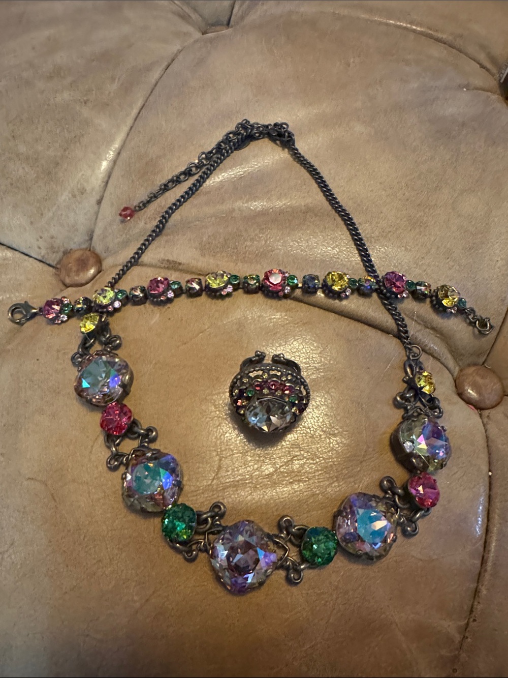 Sorelli Multicolor Crystal Statement Necklace and Ring Set - Women Jewelry